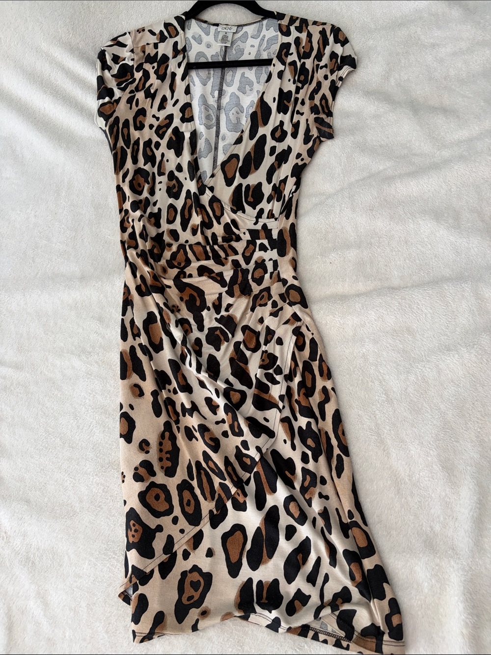 Cache Leopard Print Wrap Dress in Beige, Brown, and Black